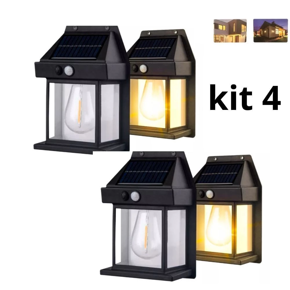 Kit 4 Luminárias Solares Vintage com Sensor para Área Externa